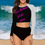 Iphuk Mermaid Two Piece Long Sleeve Women Swimsuit Crop Top High Waist Bottom UV Sun Protection Swimwear CL7021